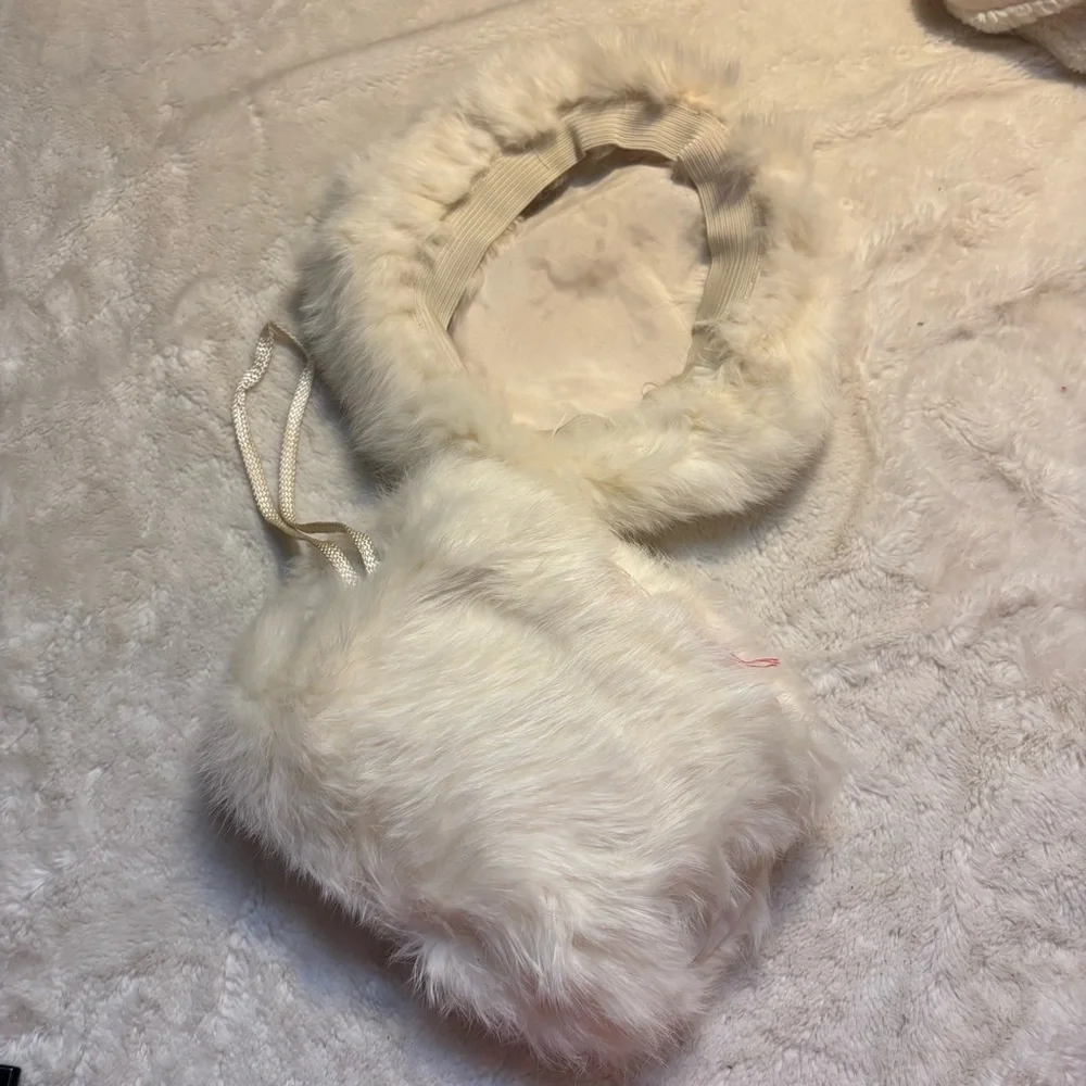Vintage 40s SET Rabbit Fur Kids Hat and Handwarmer Muff Cream White Collectible